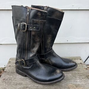 Bed Stu Gogo Lug Moto Boots Black Brown Gold Distressed Leather Side Zip Size 7
